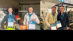 Biletet er delt i to delar og viser fire unge menn som har vunne Gull i fylkesmeisterskapene for elevar frå Vg3 automatiseringsfaget og Vg2 kjemiprosess- og laboratoriefag . Alle fire ber blå medaljeband rundt halsen og held på diplomar der det står «DIPLOM».Venstre side To personar: Ole og Kristian står i eit verkstadmiljø. Ole (til venstre): Han har på seg ein mørk, rutete skjorte og ein klår gul arbeidsbukse med refleks. Han held diplomet sitt framfor seg. Kristian (til høgre): Han har på seg ein lys hettegenser og held både eit diplom og ei oransje verktøykasse av merket «Bahco». Tekst: Over dei står teksten «Gull nr. 1 Ole og Kristian». Høgre side To personar: Jens og Jørgen står i eit lokale som liknar eit laboratorium eller ein teknisk verkstad, med maskineri i bakgrunnen. Jens (til venstre): Han har på seg ein lys beige vest over ein mørk genser/skjorte og smiler til kamera. Jørgen (til høgre): Han har på seg ein mørk jakke. Begge held kvar sitt diplom i ramme. Tekst: Over dei står teksten «Gull nr. 2 Jens og Jørgen».