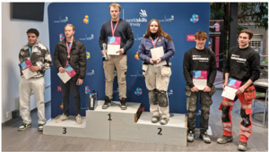 Biletet viser vinnarane av fylkesmeisterskapen i yrkesfag og første plass i Norgesmesterskap for mur- og flisleggjarfaget den 13.04.2023. Her med Andreas Omdahl Ervik i midten på palleplass ved Skogmo VGs i Porsgrunn.